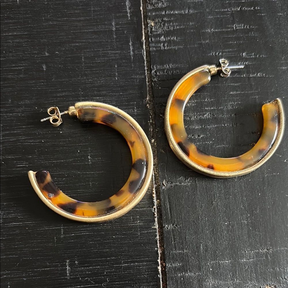 Hammered Matte Gold Tone Tortoise Shell Hoop Earrings